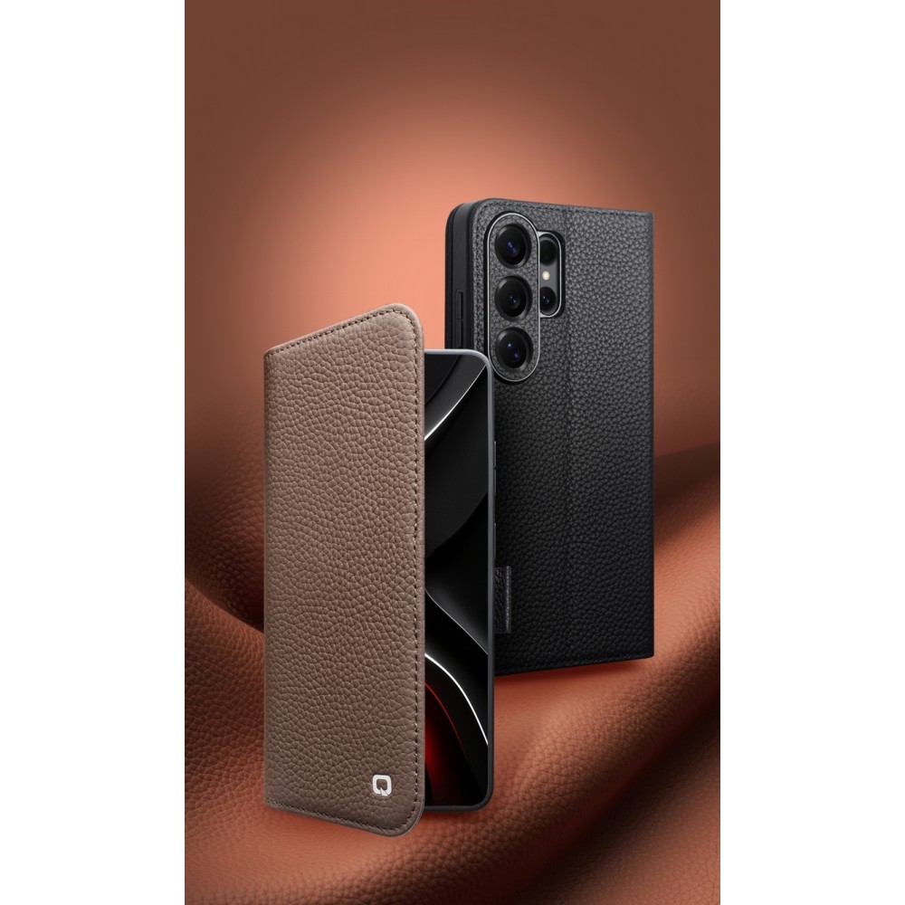 Coque Samsung Galaxy S26 Ultra - Flip Qialino Full grain Wallet cuir véritable mat avec fermeture magnétique - Brun