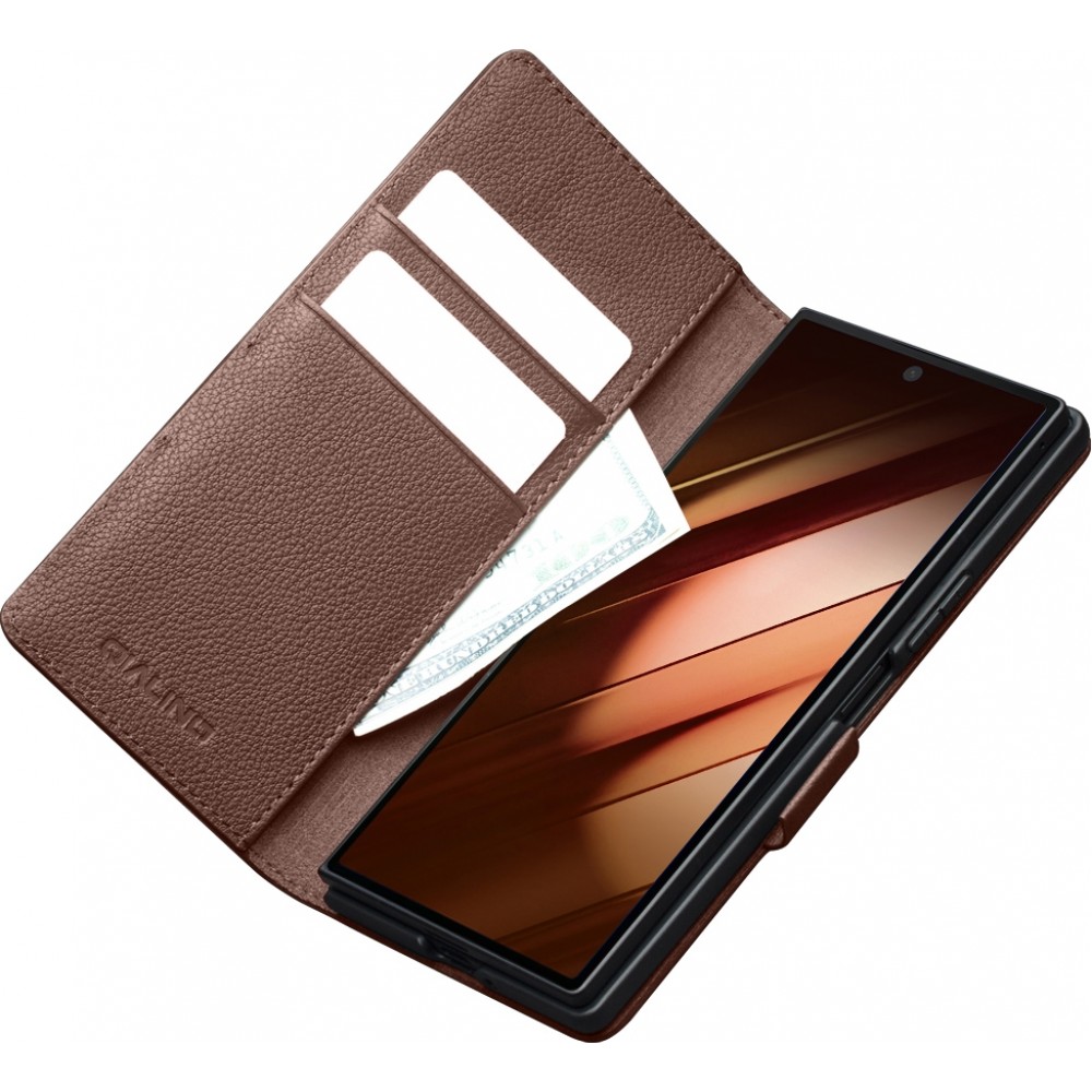 Galaxy Z Fold7 Case Hülle - Flip Qialino Full Grain Wallet Echtleder matt mit Magnetverschluss - Dunkelbraun