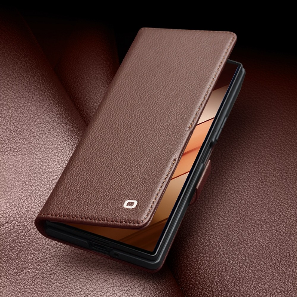 Galaxy Z Fold7 Case Hülle - Flip Qialino Full Grain Wallet Echtleder matt mit Magnetverschluss - Dunkelbraun