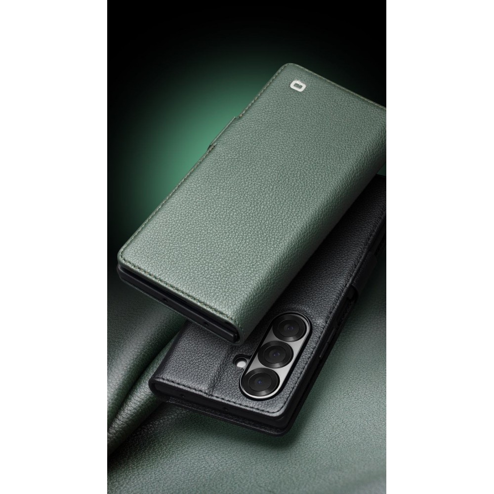 Galaxy Z Fold7 Case Hülle - Flip Qialino Full Grain Wallet Echtleder matt mit Magnetverschluss - Dunkelbraun