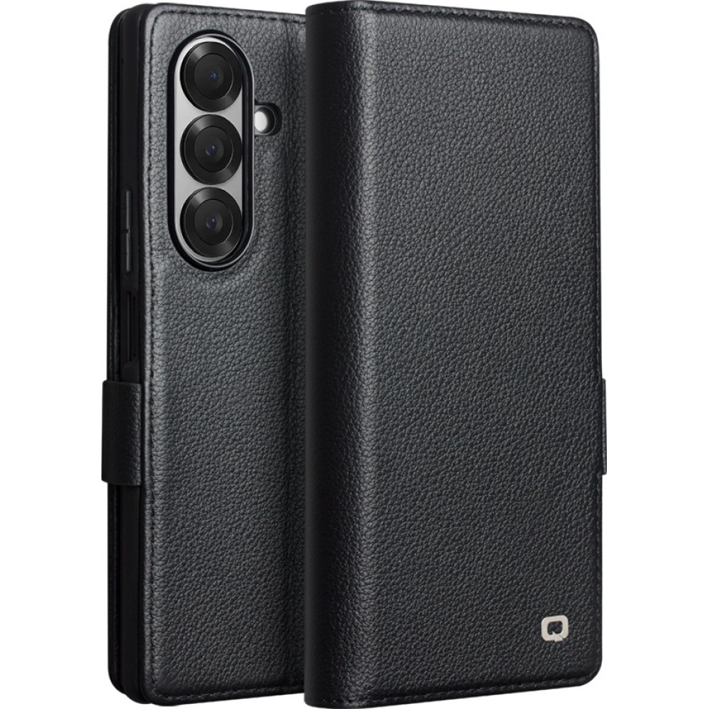Coque Samsung Galaxy Z Fold7 - Flip Qialino Full grain Wallet cuir véritable mat avec fermeture magnétique - Noir