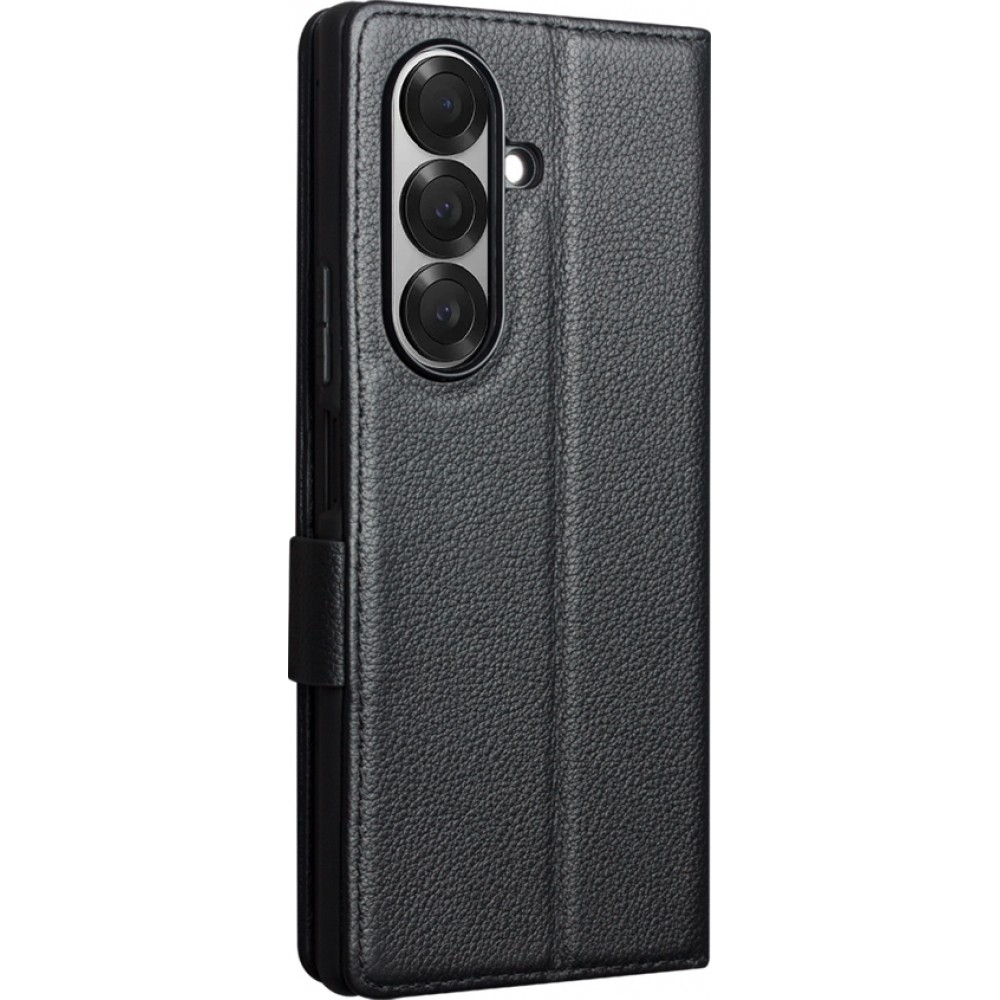 Coque Samsung Galaxy Z Fold7 - Flip Qialino Full grain Wallet cuir véritable mat avec fermeture magnétique - Noir