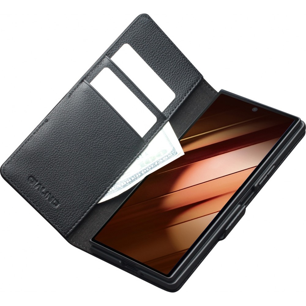 Coque Samsung Galaxy Z Fold7 - Flip Qialino Full grain Wallet cuir véritable mat avec fermeture magnétique - Noir