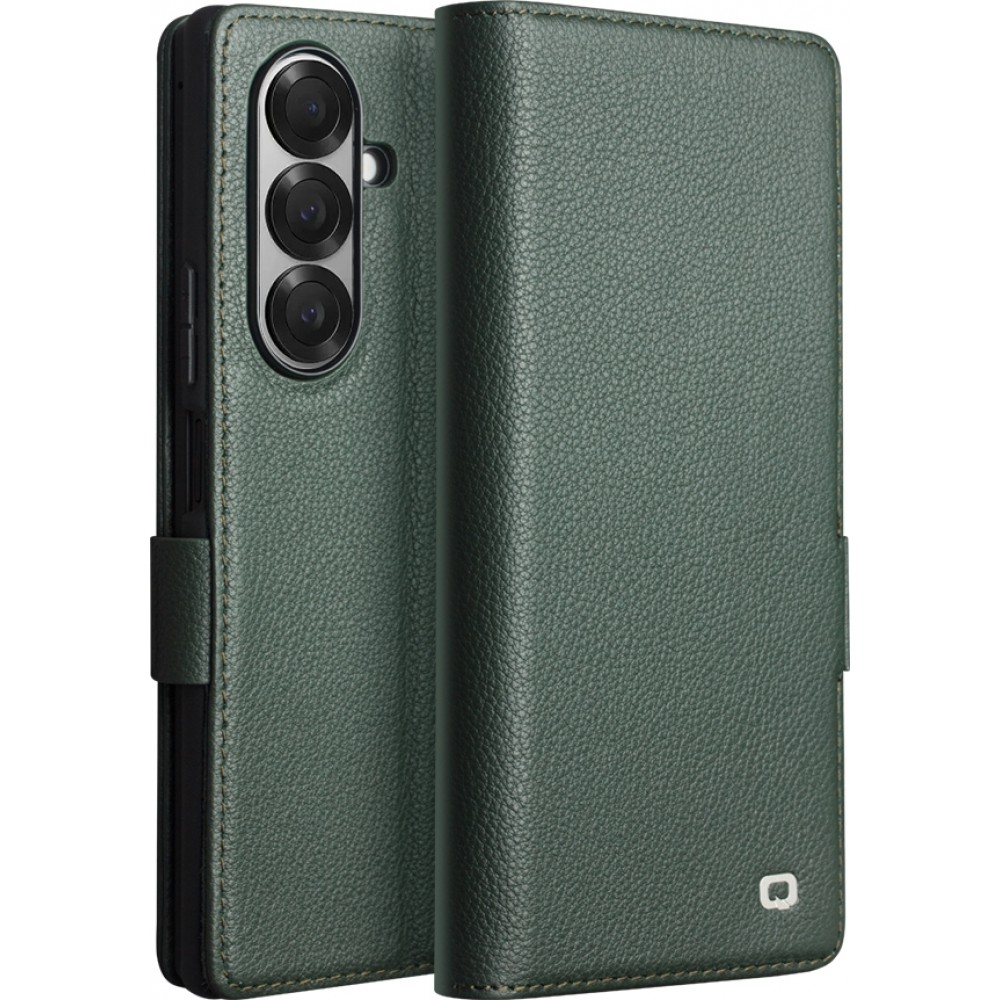 Coque Samsung Galaxy Z Fold7 - Flip Qialino Full grain Wallet cuir v&eacute;ritable mat avec fermeture magn&eacute;tique - Vert