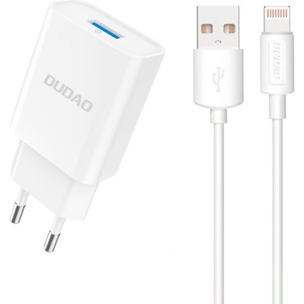 Dudao A4EUL chargeur mural USB-A 2.1A avec c&acirc;ble Lightning pour iPhone et appareils compatibles - Blanc
