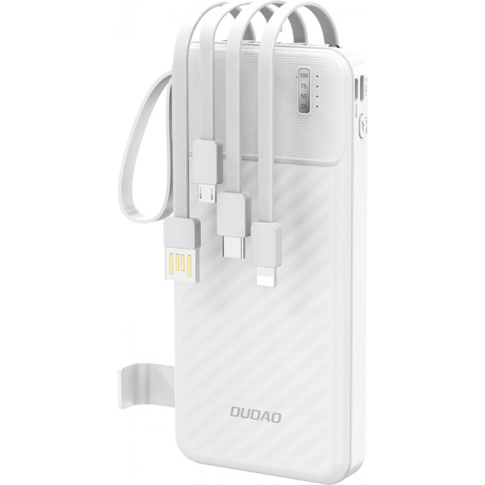Dudao K11 batterie externe 10000mAh avec câbles intégrés Powerbank portable - Blanc