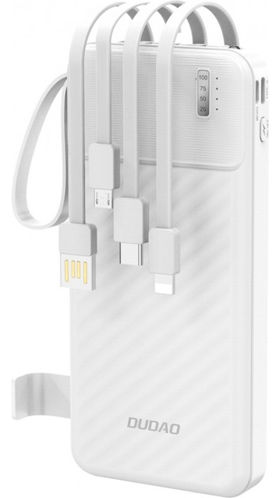 Dudao K11 batterie externe 10000mAh avec câbles intégrés Powerbank portable - Blanc