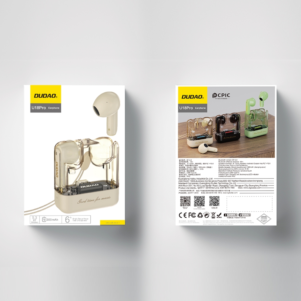 Dudao U18Pro Bluetooth 5.3 TWS Kopfh&ouml;rer ergonomisch 6h Akkulaufzeit - Beige