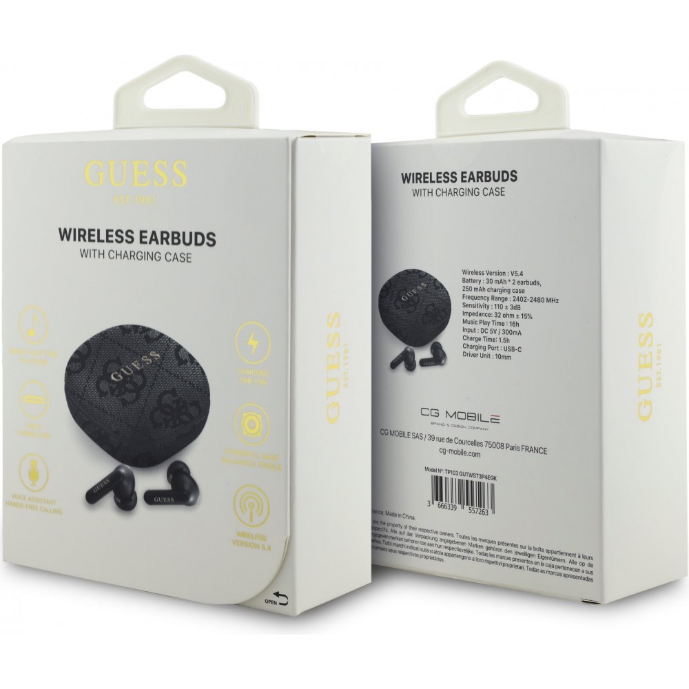 &Eacute;couteurs Bluetooth Guess PU 4G Script Logo ENC TWS assistant vocal et autonomie 16h - Noir