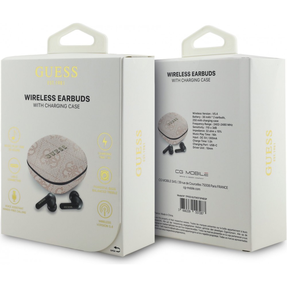 &Eacute;couteurs Bluetooth Guess PU 4G Script Logo ENC TWS assistant vocal et autonomie 16h - Rose
