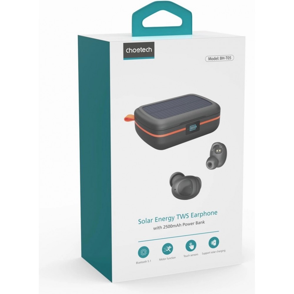 Écouteurs Bluetooth TWS étanches avec panneau solaire et batterie externe 2500mAh BH-T05 - Noir