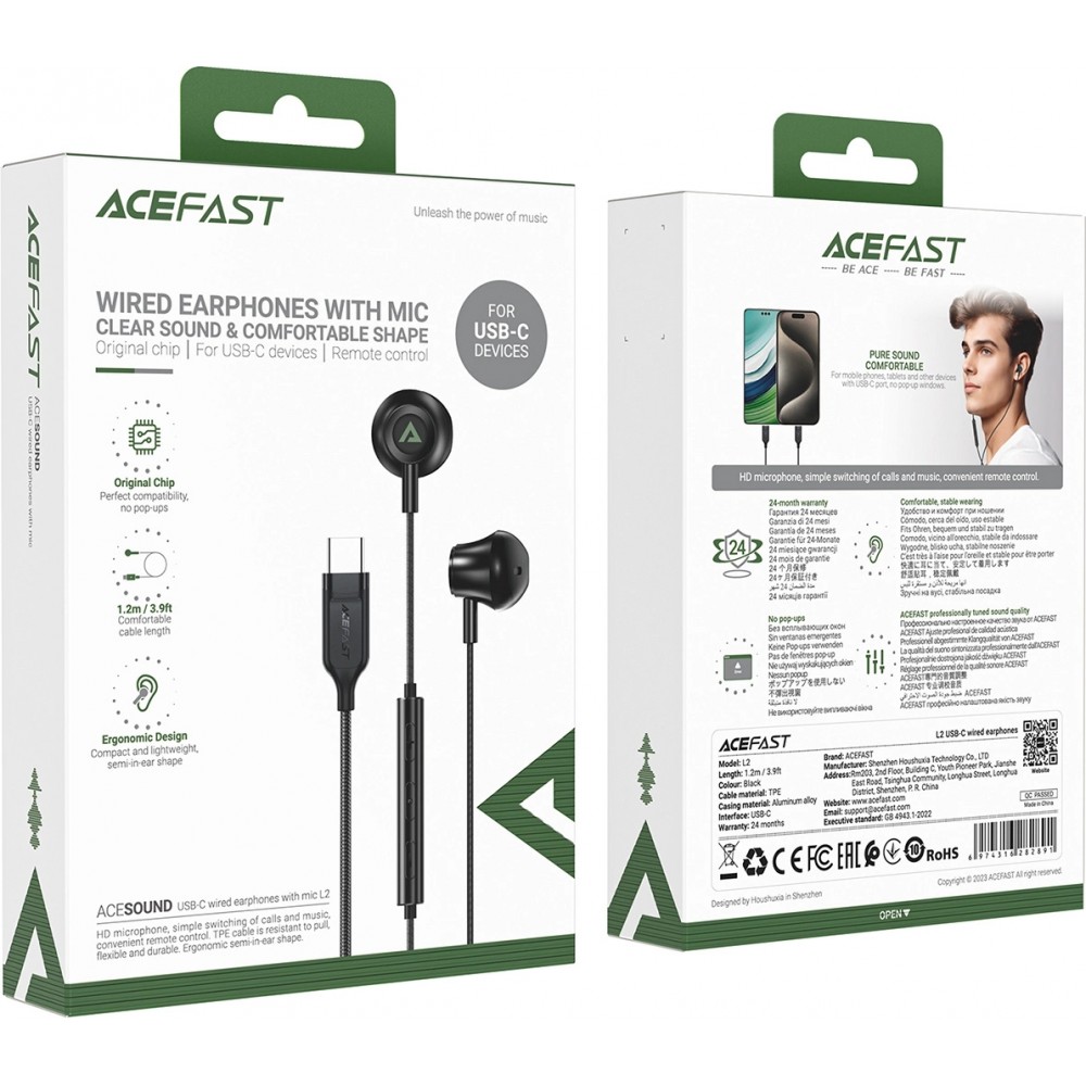 Écouteurs intra-auriculaires Acefast L2 avec connecteur USB-C microphone et télécommande 1.2 m - Noir