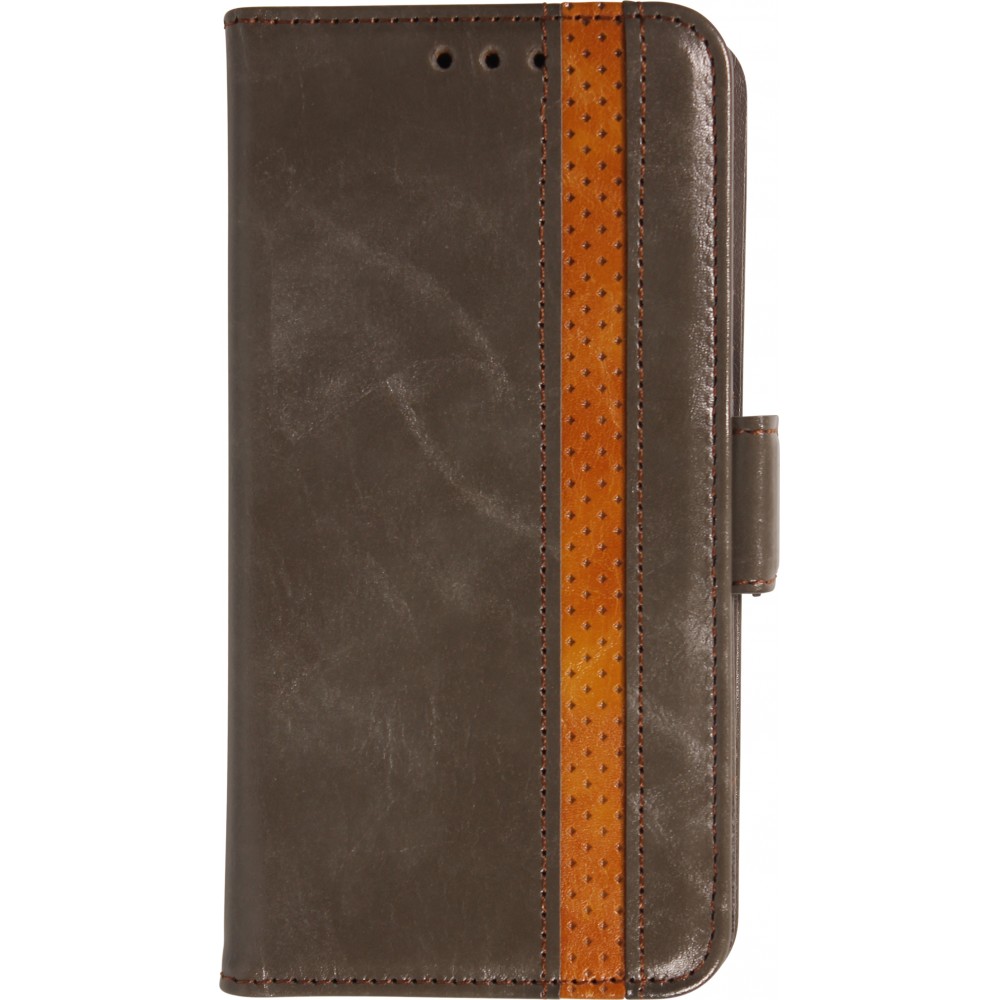 Etui cuir iPhone Air - Flip Wallet en cuir véritable avec stripe design et compartiment à cartes - Gris