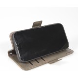 Etui cuir iPhone Air - Flip Wallet en cuir véritable avec stripe design et compartiment à cartes - Gris