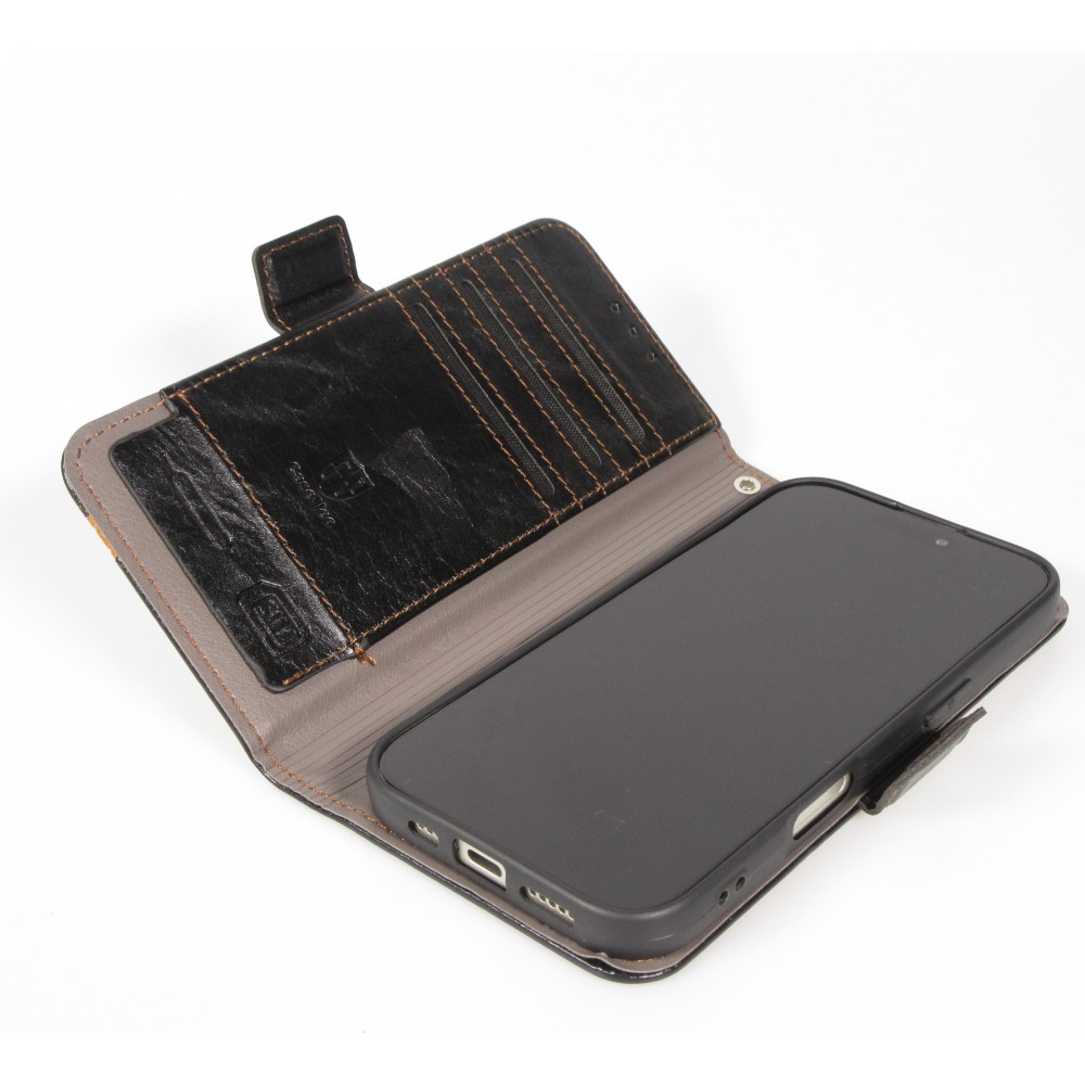 Etui cuir iPhone Air - Flip Wallet en cuir véritable avec stripe design et compartiment à cartes - Noir