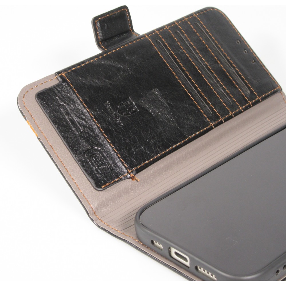 Etui cuir iPhone Air - Flip Wallet en cuir véritable avec stripe design et compartiment à cartes - Noir