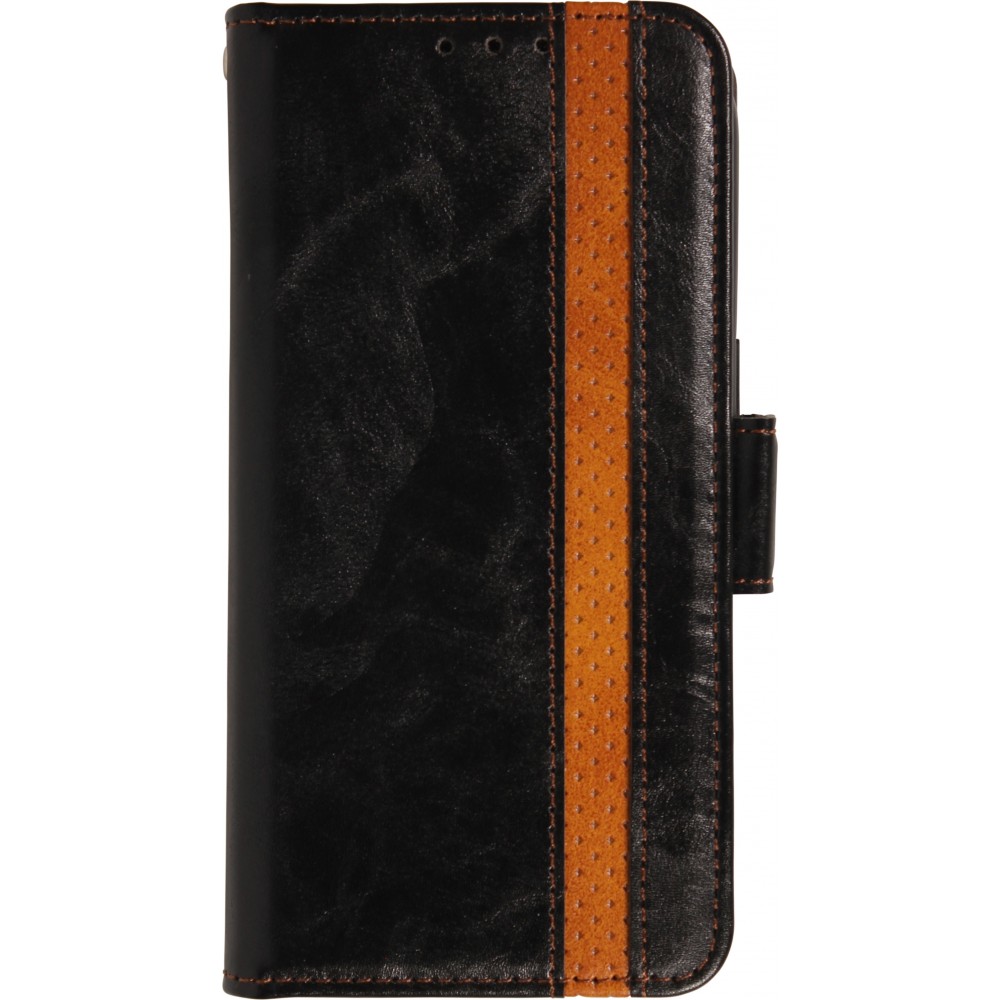 Etui cuir iPhone Air - Flip Wallet en cuir véritable avec stripe design et compartiment à cartes - Noir
