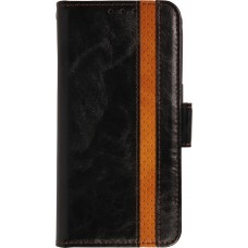 Etui cuir iPhone Air - Flip Wallet en cuir véritable avec stripe design et compartiment à cartes - Noir