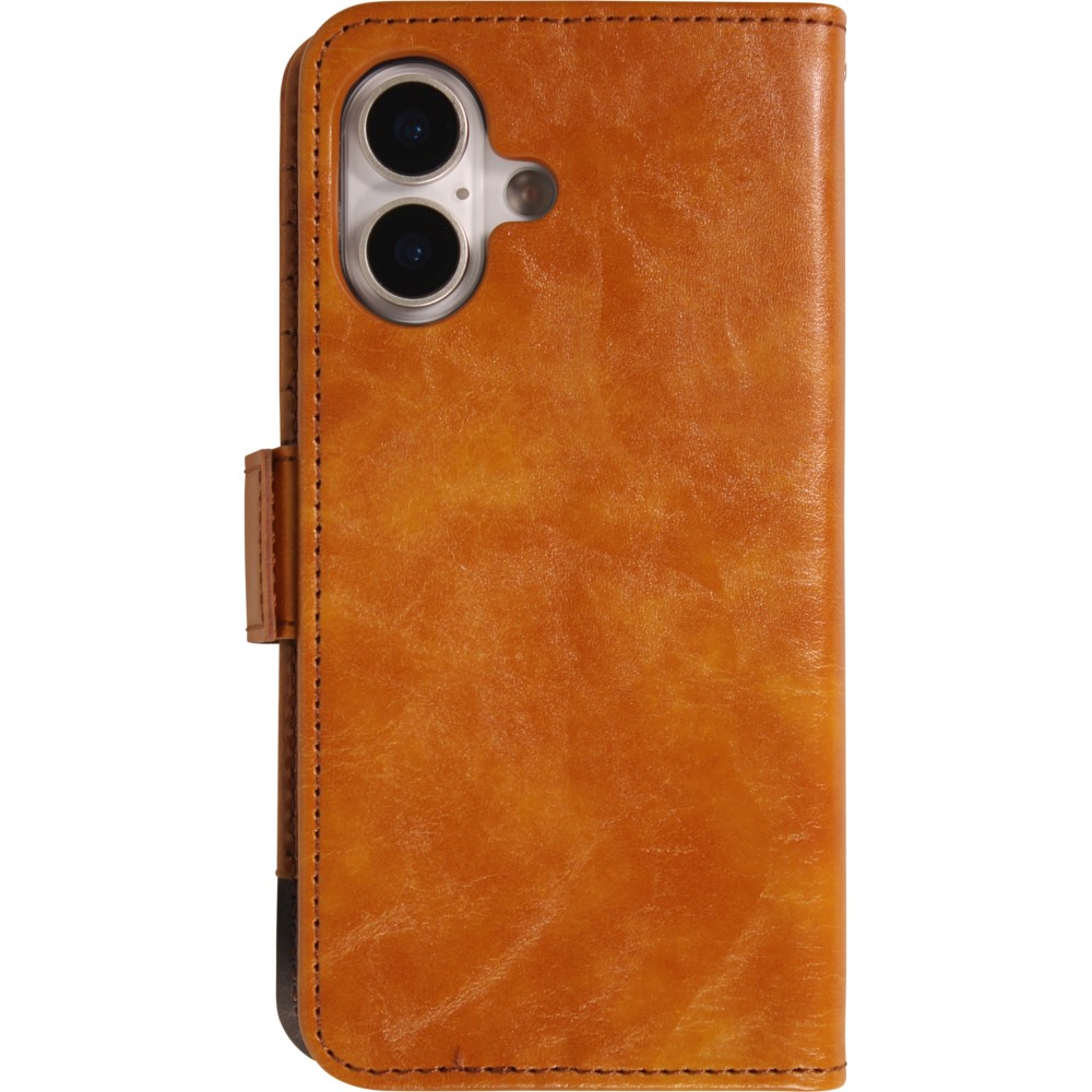 Etui cuir iPhone 17 - Flip Wallet en cuir véritable avec stripe design et compartiment à cartes - Brun clair