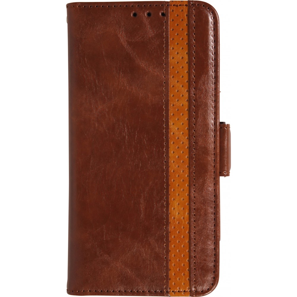 Etui cuir iPhone 17 - Flip Wallet en cuir véritable avec stripe design et compartiment à cartes - Brun foncé