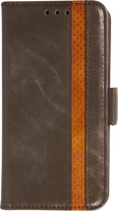 iPhone 17 Leder Tasche - Flip Wallet Echtleder mit Akzentstreifen & Kartenhalter - Grau