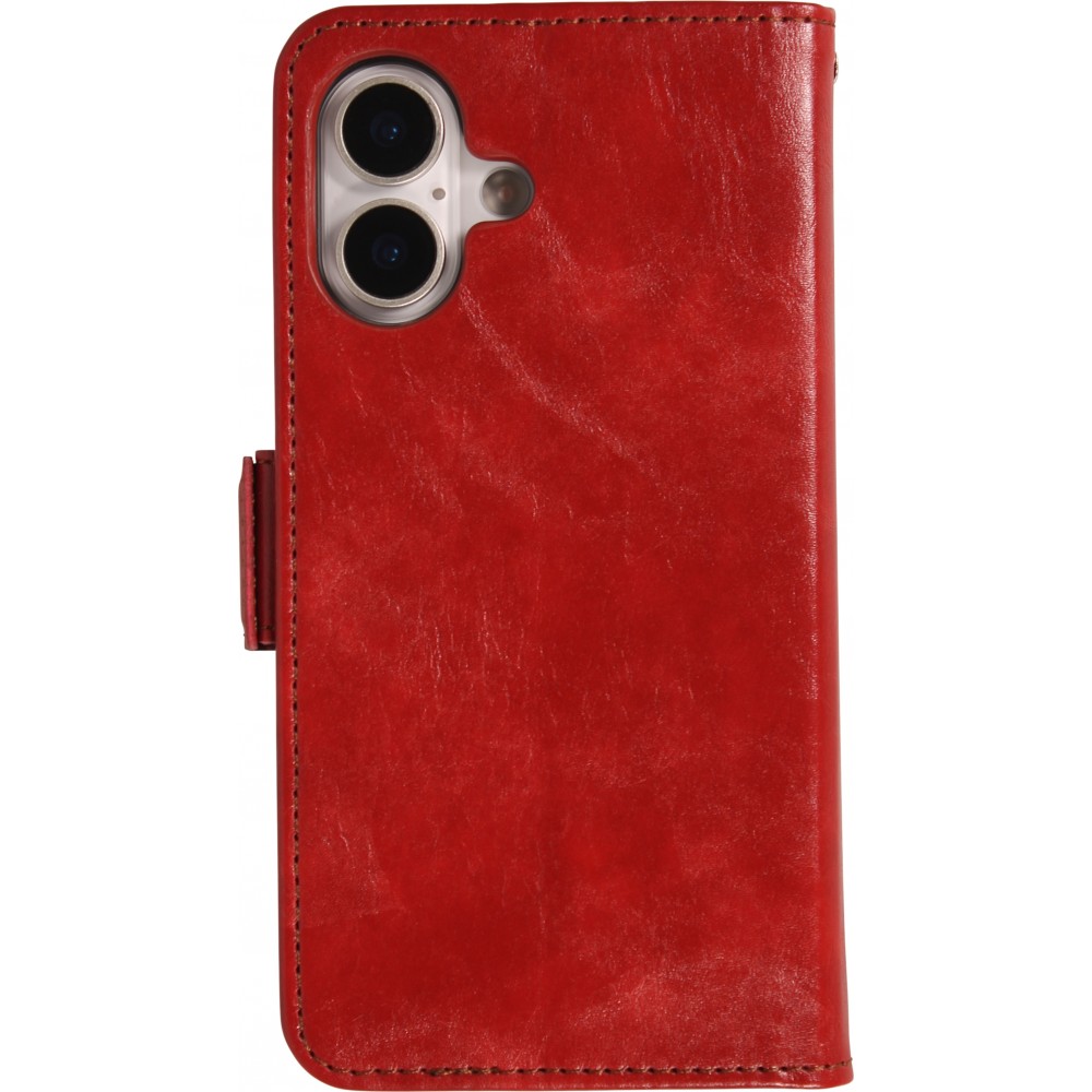 Etui cuir iPhone 17 - Flip Wallet en cuir véritable avec stripe design et compartiment à cartes - Rouge