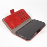 Etui cuir iPhone 17 - Flip Wallet en cuir véritable avec stripe design et compartiment à cartes - Rouge