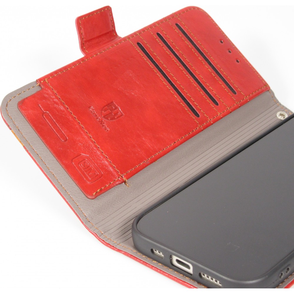 Etui cuir iPhone 17 - Flip Wallet en cuir véritable avec stripe design et compartiment à cartes - Rouge