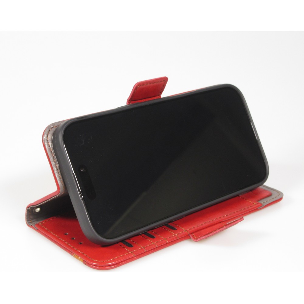 Etui cuir iPhone 17 - Flip Wallet en cuir véritable avec stripe design et compartiment à cartes - Rouge