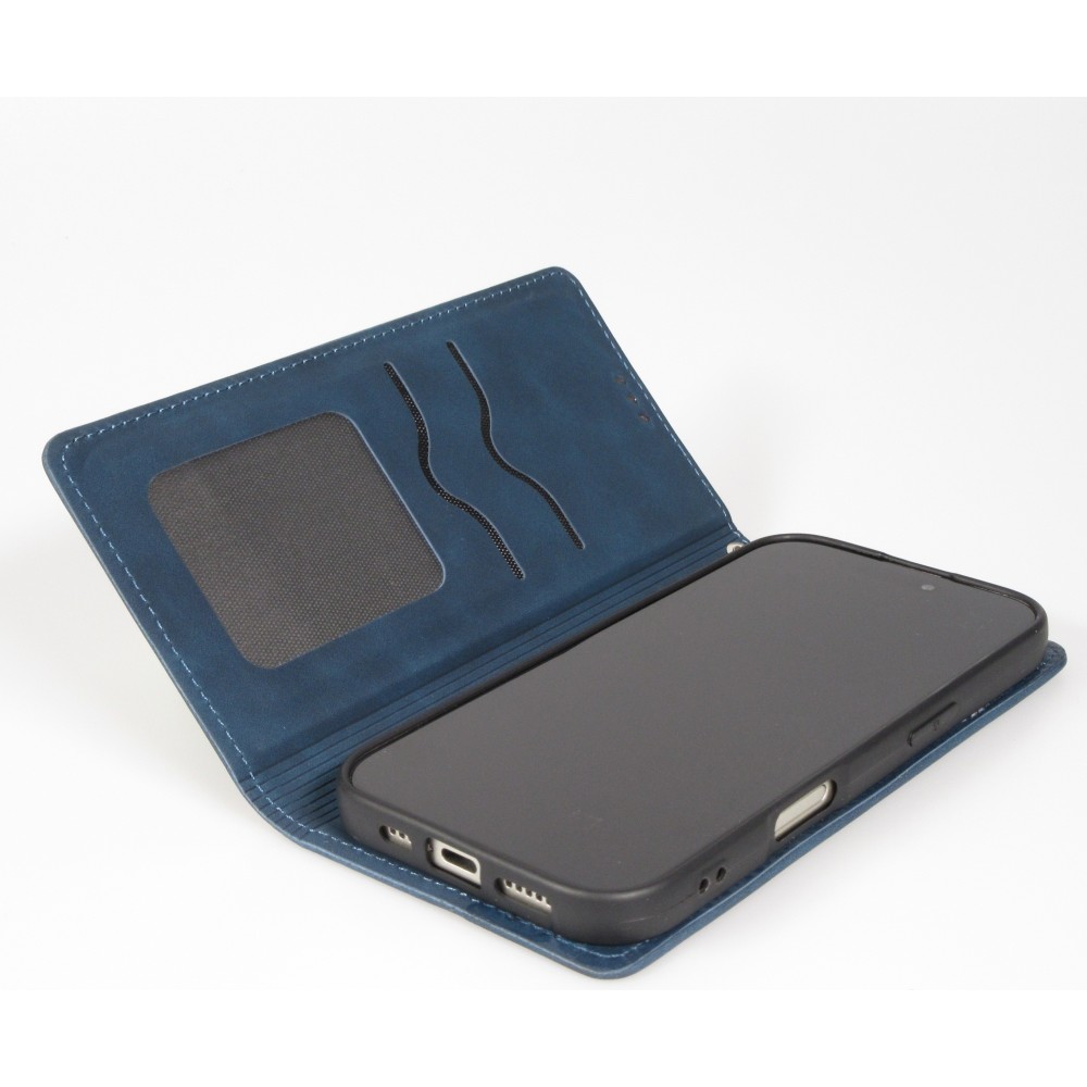 Etui cuir iPhone 17 - Flip Wallet vintage avec fermeture aimantée et compartiment cartes - Bleu