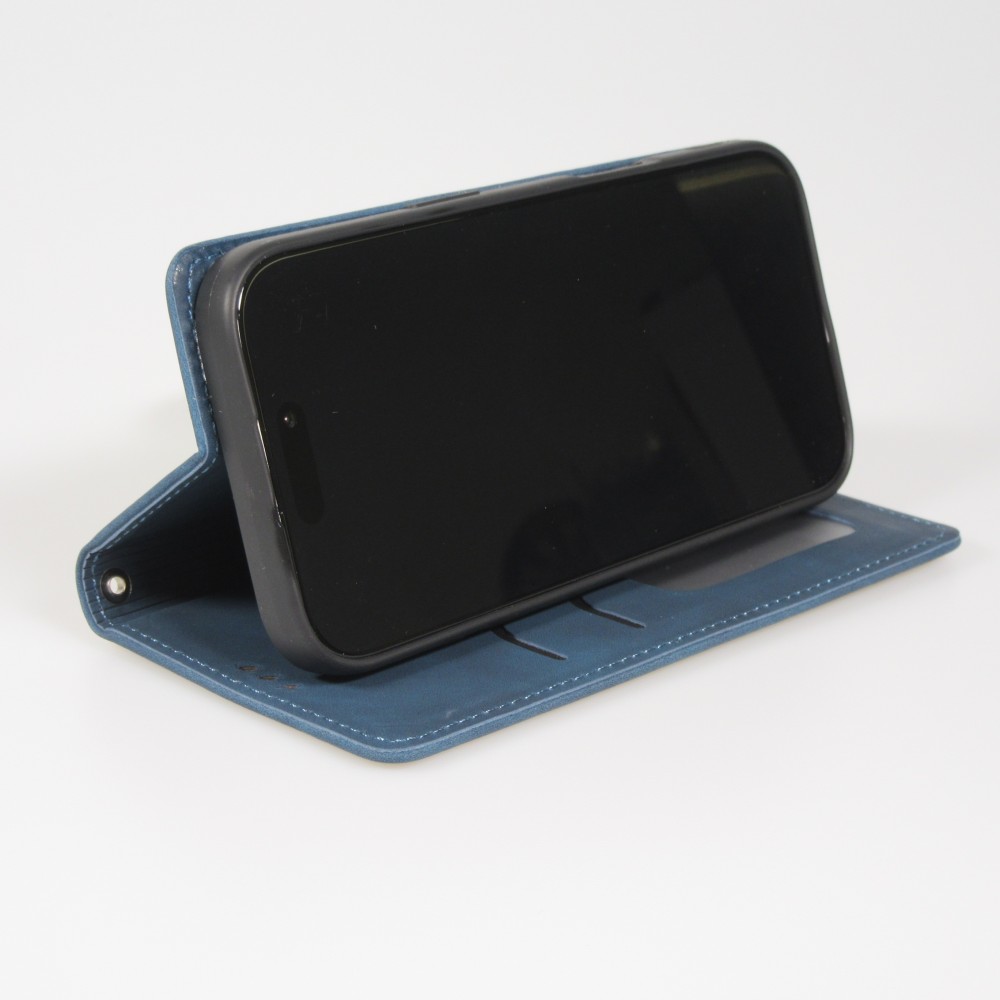 Etui cuir iPhone 17 - Flip Wallet vintage avec fermeture aimantée et compartiment cartes - Bleu