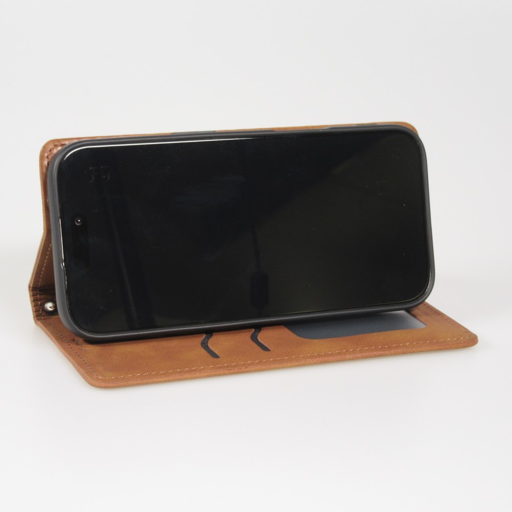 Etui cuir iPhone 17 - Flip Wallet vintage avec fermeture aimantée et compartiment cartes - Brun