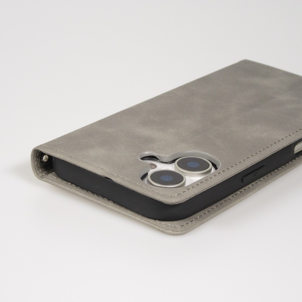 Etui cuir iPhone 17 - Flip Wallet vintage avec fermeture aimantée et compartiment cartes - Gris