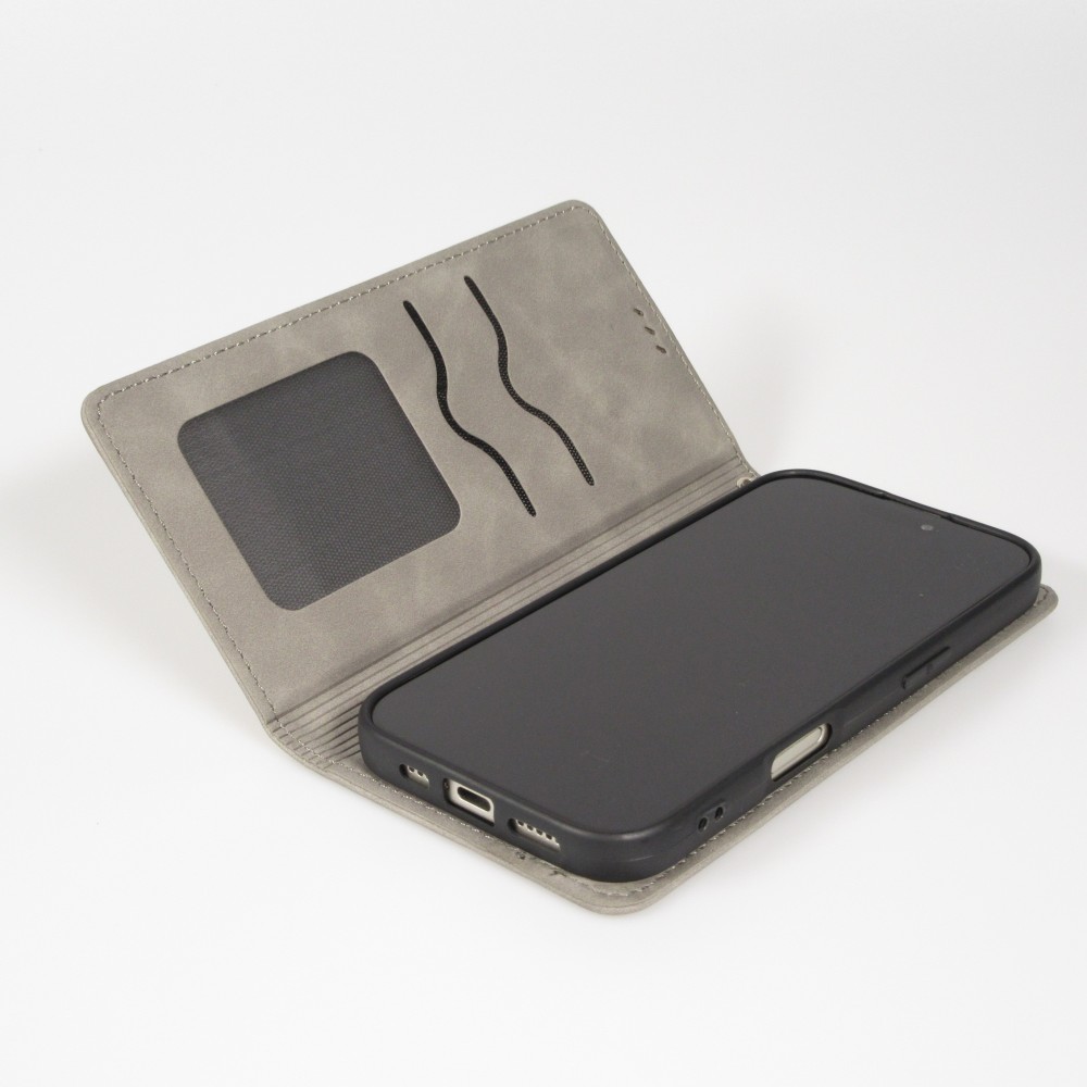 Etui cuir iPhone 17 - Flip Wallet vintage avec fermeture aimantée et compartiment cartes - Gris