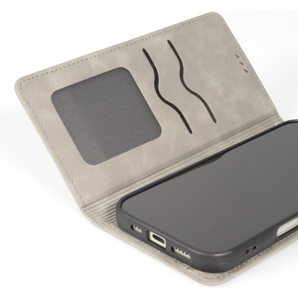 Etui cuir iPhone 17 - Flip Wallet vintage avec fermeture aimantée et compartiment cartes - Gris