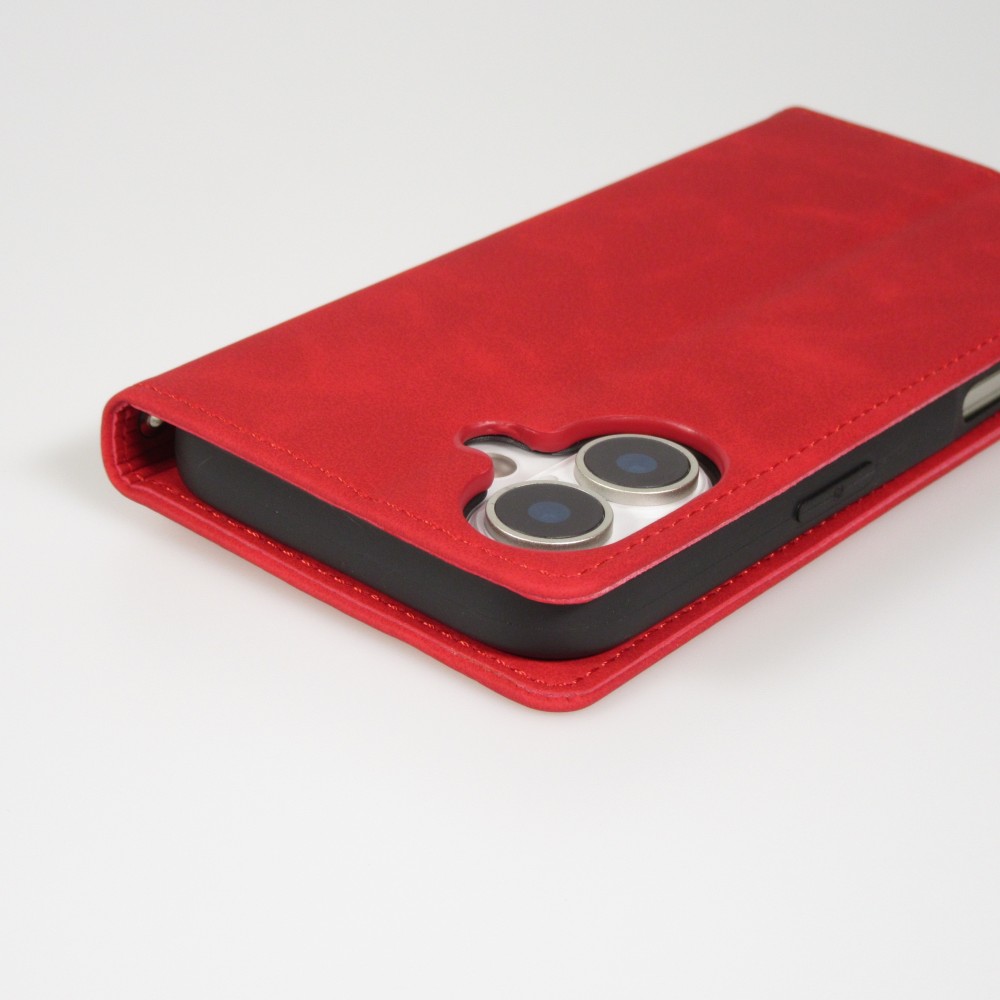 Etui cuir iPhone 17 - Flip Wallet vintage avec fermeture aimantée et compartiment cartes - Rouge