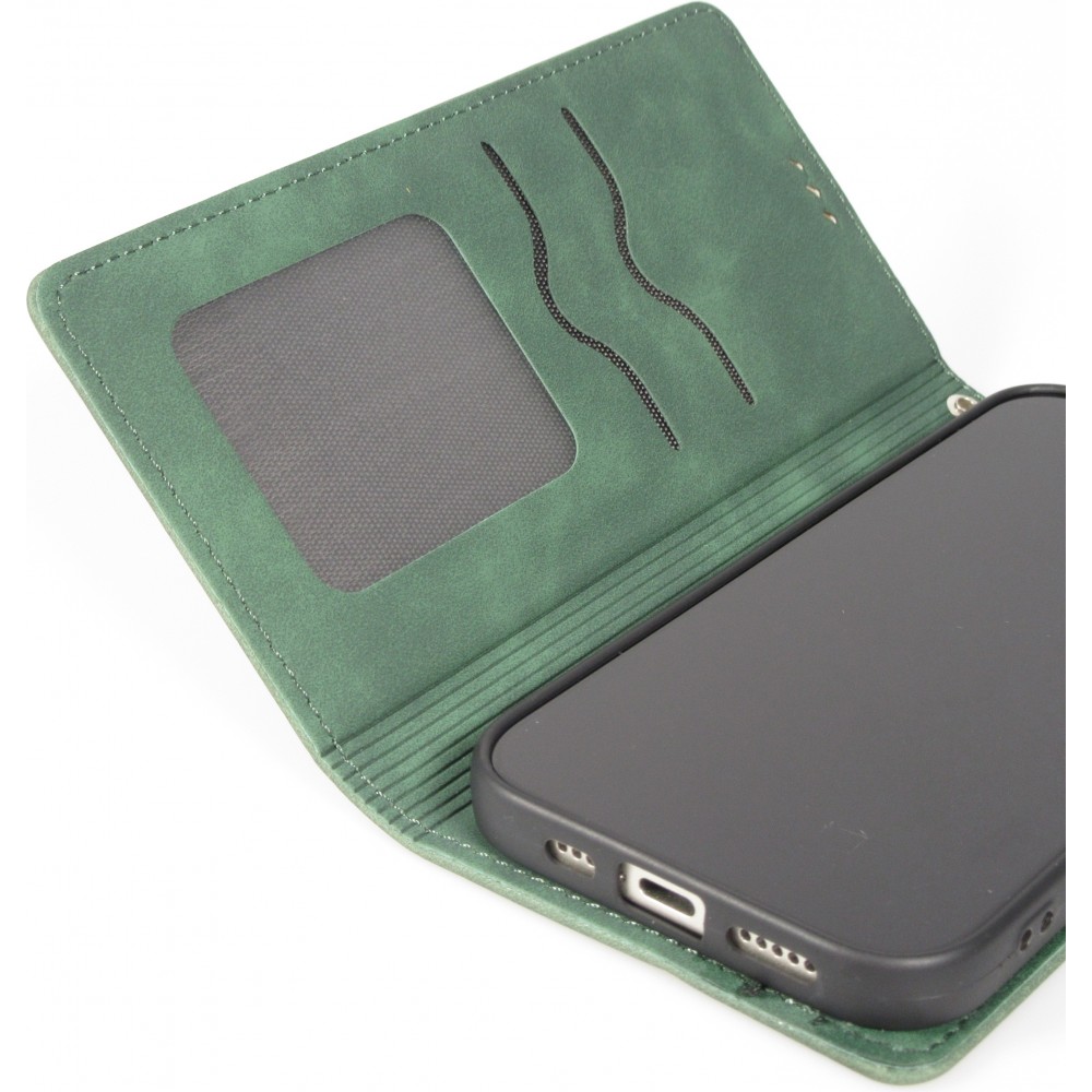 Etui cuir iPhone 17 - Flip Wallet vintage avec fermeture aimantée et compartiment cartes - Vert foncé