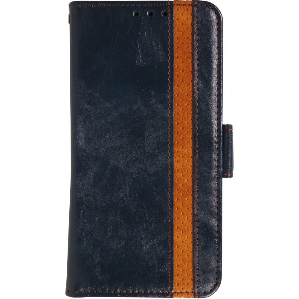Etui cuir iPhone 17 Pro Max - Flip Wallet en cuir véritable avec stripe design et compartiment à cartes - Bleu