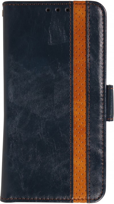 Etui cuir iPhone 17 Pro - Flip Wallet en cuir véritable avec stripe design et compartiment à cartes - Bleu