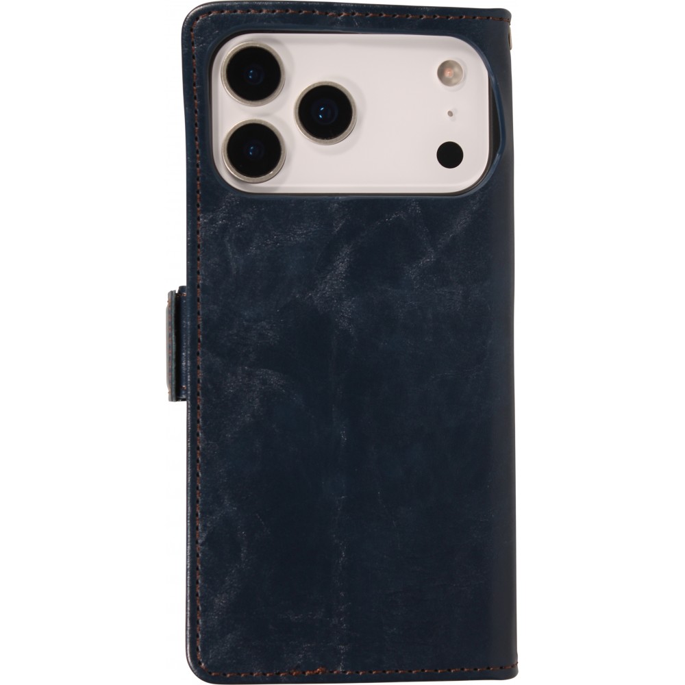 Etui cuir iPhone 17 Pro Max - Flip Wallet en cuir véritable avec stripe design et compartiment à cartes - Bleu