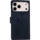 Etui cuir iPhone 17 Pro Max - Flip Wallet en cuir véritable avec stripe design et compartiment à cartes - Bleu