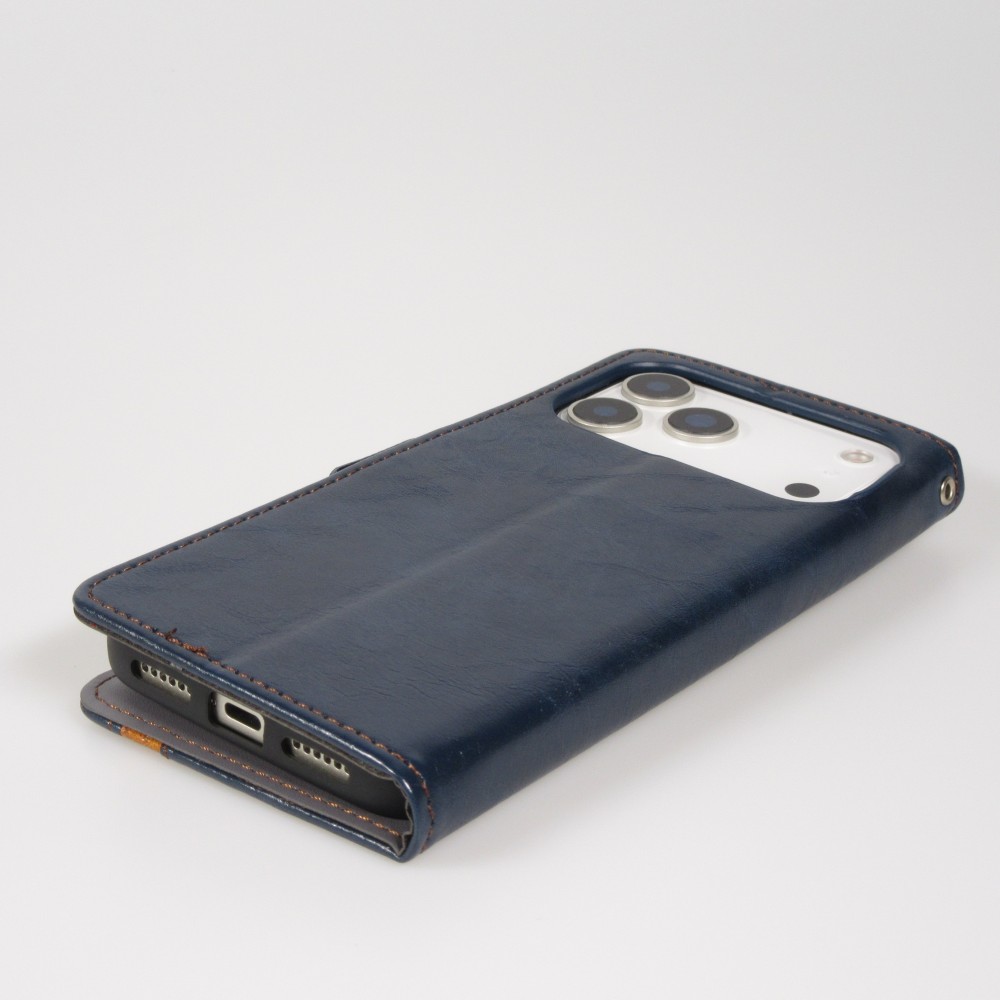 Etui cuir iPhone 17 Pro Max - Flip Wallet en cuir véritable avec stripe design et compartiment à cartes - Bleu