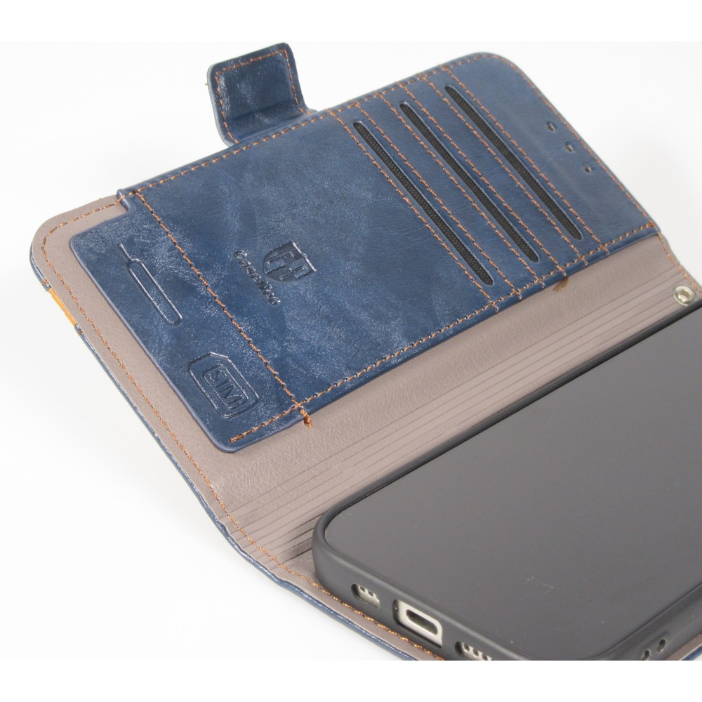 Etui cuir iPhone 17 Pro Max - Flip Wallet en cuir véritable avec stripe design et compartiment à cartes - Bleu