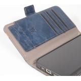 Etui cuir iPhone 17 Pro Max - Flip Wallet en cuir véritable avec stripe design et compartiment à cartes - Bleu