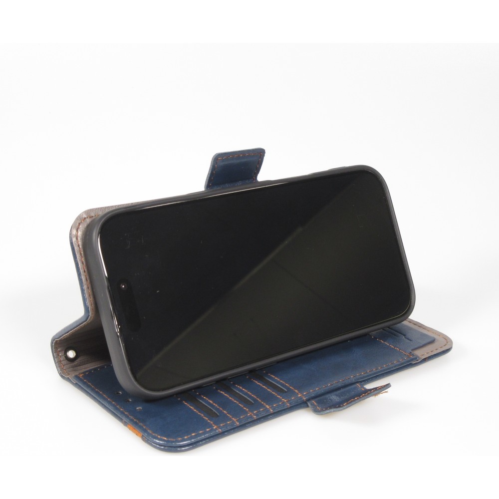 Etui cuir iPhone 17 Pro Max - Flip Wallet en cuir véritable avec stripe design et compartiment à cartes - Bleu