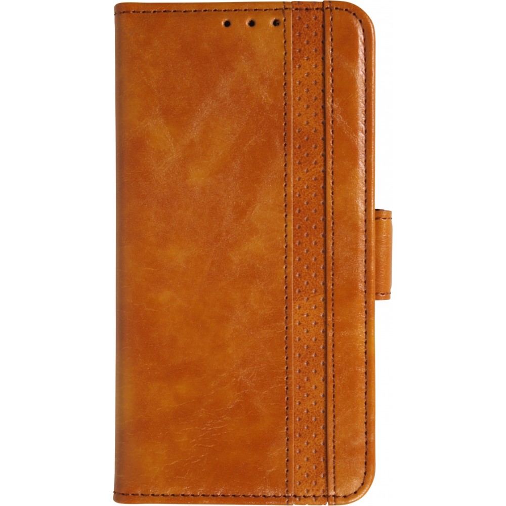 Etui cuir iPhone 17 Pro Max - Flip Wallet en cuir véritable avec stripe design et compartiment à cartes - Brun clair