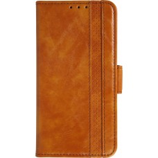 Etui cuir iPhone 17 Pro Max - Flip Wallet en cuir véritable avec stripe design et compartiment à cartes - Brun clair