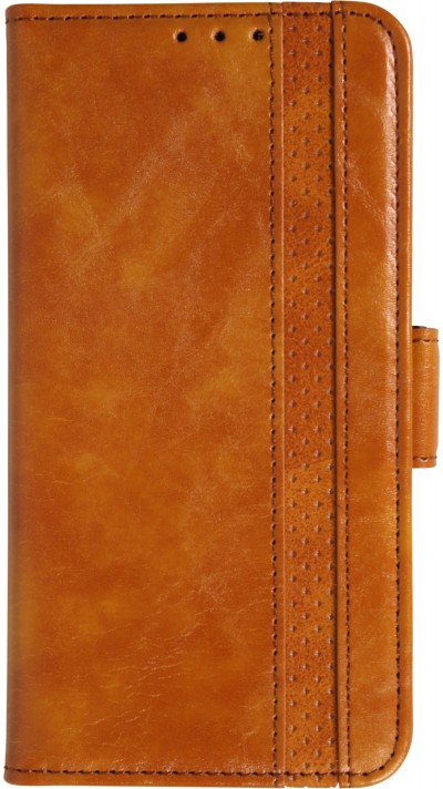 Etui cuir iPhone 17 Pro - Flip Wallet en cuir véritable avec stripe design et compartiment à cartes - Brun clair