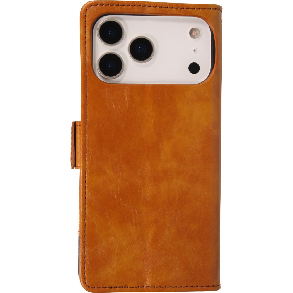 Etui cuir iPhone 17 Pro Max - Flip Wallet en cuir véritable avec stripe design et compartiment à cartes - Brun clair