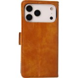 Etui cuir iPhone 17 Pro Max - Flip Wallet en cuir véritable avec stripe design et compartiment à cartes - Brun clair